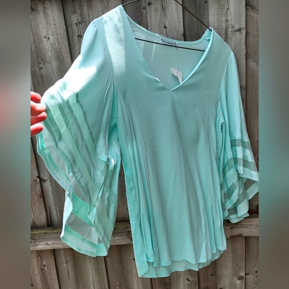 Mint Aqua Blue Blouse w/ Angel Wing  Wide Flare Bell Sleeves Amanda Blu NWT